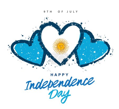 July 9th - Happy Independence Day. The Argentine flag, hand-drawn in the shape of three hearts. Vector illustration on a white background.