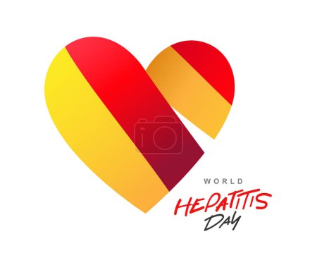 Illustration for Big heart with a yellow-red ribbon is a symbol of hepatitis inside. World Hepatitis Day. Inflammatory liver disease. Vector illustration on a white background. - Royalty Free Image