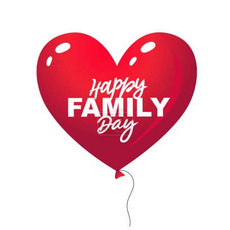 Red balloon in the shape of a heart. Inscription says Happy Family Day. Festive greeting card for family day. Vector illustration on a white background.