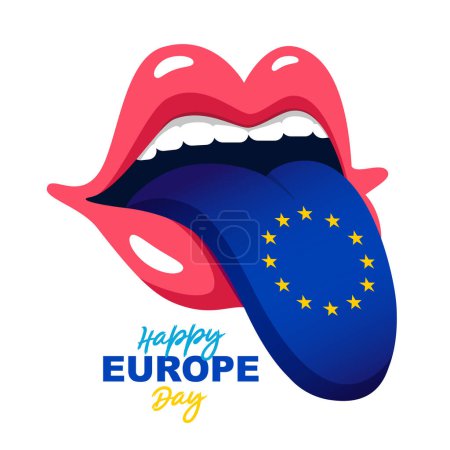 Human mouth with a protruding tongue, painted in the blue color of the flag of Europe with 12 yellow stars. Happy Europe Day. Vector illustration on a white background.