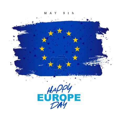 May 9th - Happy Europe Day. Symbol of Europe is a hand-drawn flag. 12 yellow stars arranged in a circle. Smears of blue paint. Vector illustration on a white background.