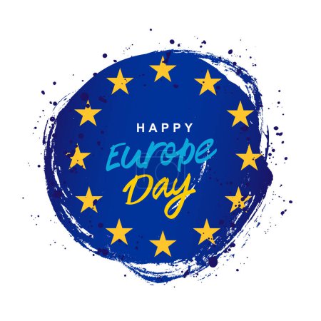 Round spot of blue paint, hand-drawn. The flag of Europe with 12 five-pointed stars. Happy Europe Day. Vector illustration on a white background.