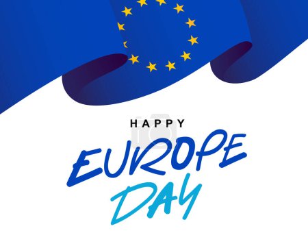 Blue canvas of the European flag with 12 yellow stars flutters in the wind. Stylish lettering - Happy Europe Day. Vector illustration on a white background.
