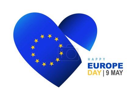 Big blue heart with 12 five-pointed yellow stars is a symbol of the flag of Europe. Happy Europe Day on May 9th. Vector illustration on a white background.