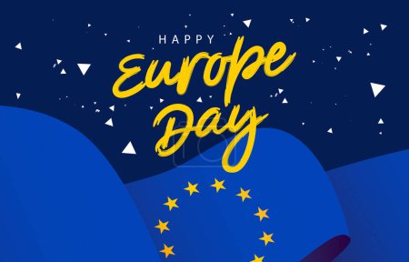 Lettering - Happy Europe Day. The flag of Europe is waving in the wind. 12 five-pointed yellow stars. Vector illustration .