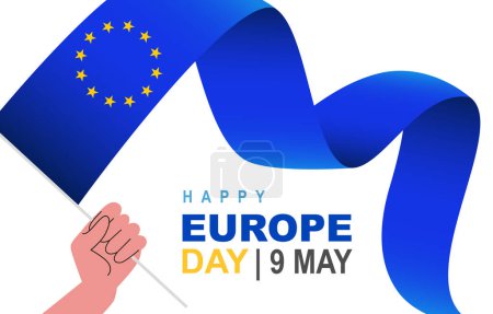 A human hand holds the waving flag of Europe. 12 five-pointed yellow stars. 9th May. Happy Europe Day. Vector illustration on a white background.