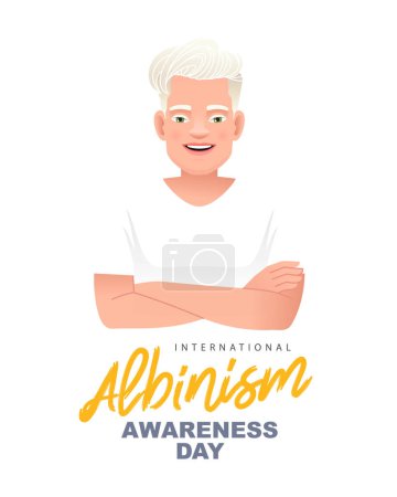 Guapo chico albino sonriente con pelo blanco, cejas y pestañas. Día Internacional de la Concientización del Albinismo. Enfermedad hereditaria genética rara. Ilustración vectorial sobre fondo blanco.