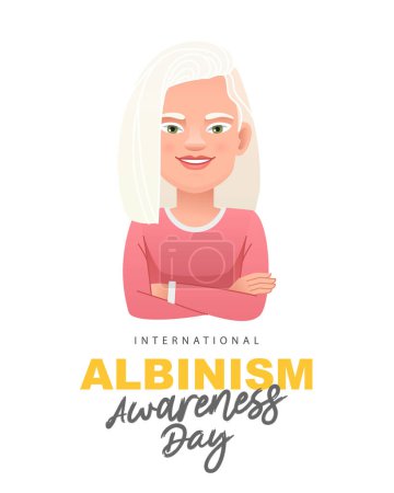 Joven chica blanca albina bonita está de pie con los brazos cruzados. Día Internacional de la Concientización del Albinismo. Ilustración vectorial sobre fondo blanco.