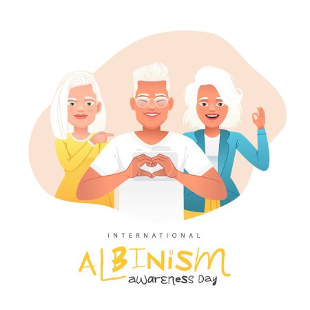 Group of three young albino people. Two beautiful girls and young man with glasses with white hair, eyebrows and eyelashes. International Albinism Awareness Day. 