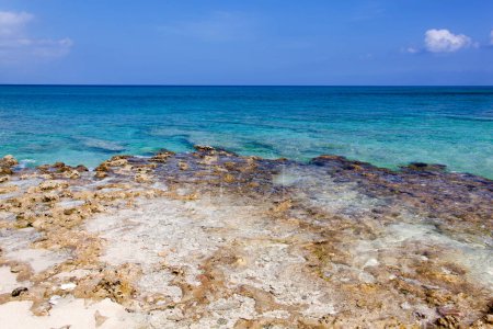Foto de La vista panorámica de la rocosa playa de Seven Mile en la isla Gran Caimán y las coloridas aguas del Mar Caribe (Islas Caimán). - Imagen libre de derechos