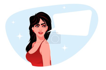 Photo for Beautiful sexy smiling woman in red dress with speech bubble, girl with black hair says - Royalty Free Image