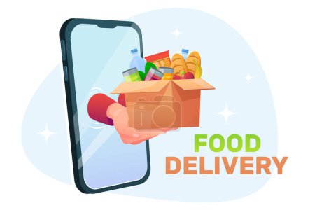Photo for Online food delivery ordering using the mobile app, hands with a bag of food on your smartphone screen - Royalty Free Image