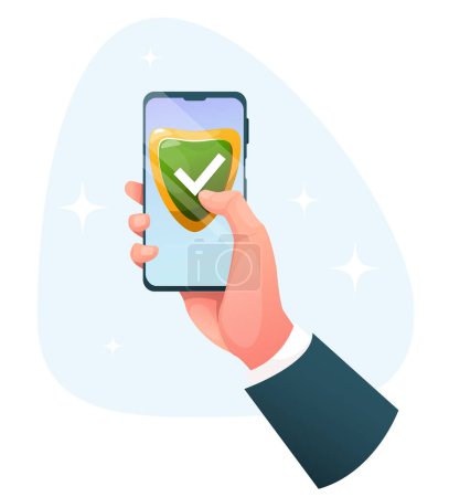 Photo for Hand holds a smartphone with a shield icon on the screen, the concept of data protection in a cell phone - Royalty Free Image