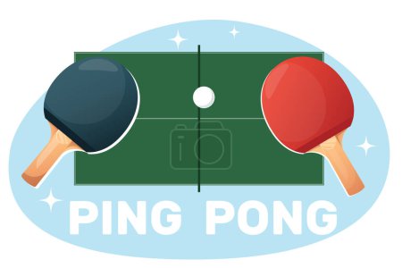 Dos raquetas de ping pong, pelota y mesa de tenis