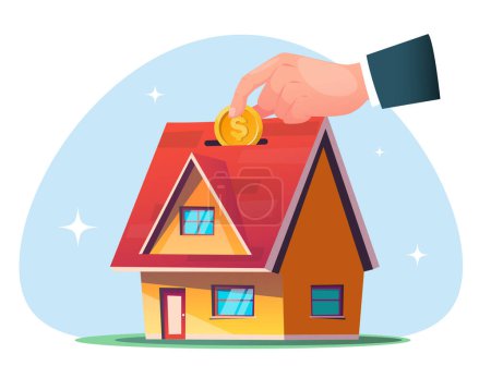  Konzept einer Hypothek, Hand macht eine Zahlung auf ein Haus oder eine Wohnung. Illustration eines Aktienvektors