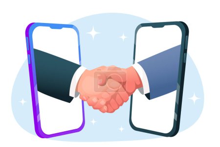 Photo for Making an online contract or deal, shaking hands from cell phone screens. Stock vector illustration - Royalty Free Image