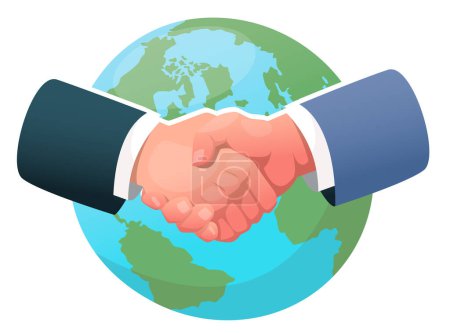 Photo for Concept of international agreement, handshake on globe background. Stock vector illustration - Royalty Free Image