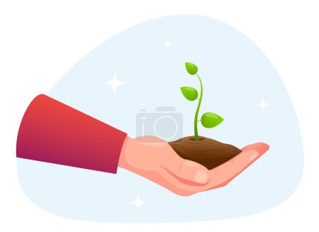 Photo for Hand holds the earth with a green plant sprout growing on it, a concept of ecology and nature. Stock vector illustration - Royalty Free Image