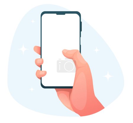Photo for Hand holds a cell phone with a white screen, mockup. Stock vector illustration - Royalty Free Image