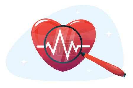 Konzept der kardialen Gesundheitsprüfung, Kardiogramm des Herzens mit Lupe. Illustration eines Aktienvektors