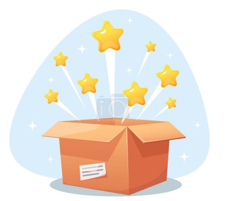 Photo for Cardboard box with a surprise, gold stars flying out of the box. Stock vector illustration - Royalty Free Image