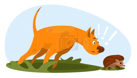 Photo for Dog sniffing hedgehog, pet playing with hedgehog. Stock vector illustration - Royalty Free Image