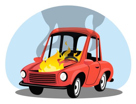 Auto caught on fire, automobile insurance against accidents. Stock vector illustration