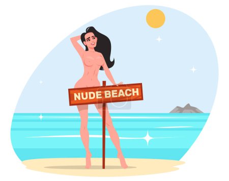 Nude girl on nude beach, woman without bikini on the beach. Stock vector illustration