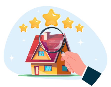 Téléchargez les illustrations : Évaluation de l'état de la maison, loupe de maison et étoile. Illustration vectorielle de stock - en licence libre de droit