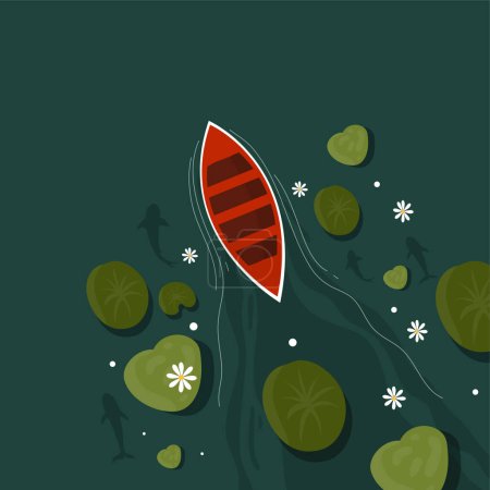 boat and human swim in lily lake illustration vector design background for natural pond lake illustration design