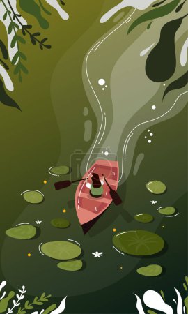 boat and human swim in lily lake illustration vector design background for natural pond lake illustration design