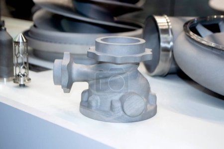 Objects printed on 3D printer for metal. Close-up view of models printed from metal powder on 3D printer. New modern accurate additive technologies. Modeling 3D printing technology