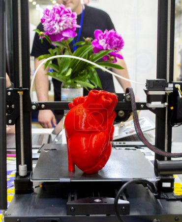 Impresora 3D y modelo de corazón humano impreso en impresora 3D. Prototipo rojo del corazón humano impreso en una impresora 3D en un escritorio de impresora 3D. Nuevas tecnologías modernas de impresión aditiva médica sanitaria