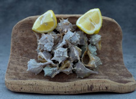 Photo for Bolinus brandaris or murici, Plate of seafood morsels with lemon, boiled sea snails, Mediterranean Foo - Royalty Free Image