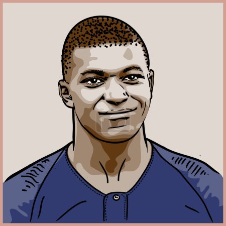Téléchargez les illustrations : Lusail, Qatar, novembre 2022 : Une caricature en couleur de l'attaquant de l "équipe de France de football Kylian Mbappe à la Coupe du Monde de la FIFA. - en licence libre de droit