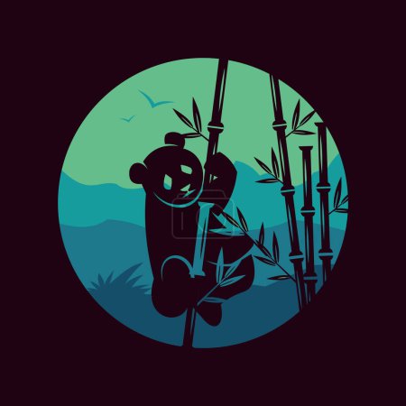 Téléchargez les illustrations : Silhouette vectorielle d'un panda grimpant sur un bambou sur fond de montagne, style plat - en licence libre de droit