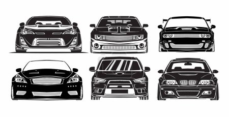 Téléchargez les illustrations : Jeu vectoriel de voitures avec plusieurs versions noir et blanc de modèles - en licence libre de droit