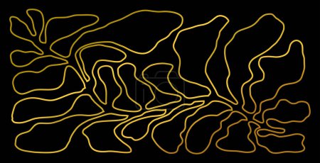 Téléchargez les illustrations : Affiche abstraite boho de style Matisse aux couleurs dorées sur fond noir. Impression minimaliste contemporaine aux formes organiques, art vectoriel noir et blanc - en licence libre de droit