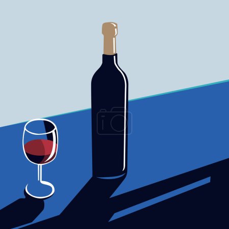 Minimales Vintage-Poster mit Flasche, Glas Rotwein. Restaurantkarte, Veranstaltungseinladung, Festival, Party. Weinverkostungskonzept. Retro-Vektor