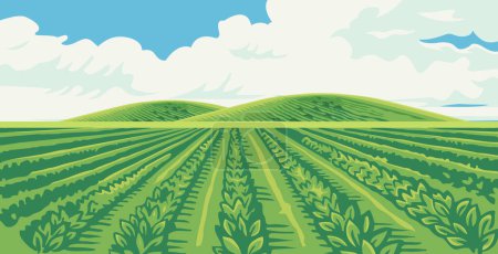Illustration for Views of plantations and farms are decorated with a backdrop of hills with bright clouds in summer - Royalty Free Image