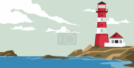 Lighthouse on island in flat style. Coastline landscape with beacon. Faros on the beach, lighthouse on a rock in a landscape of coastal waves