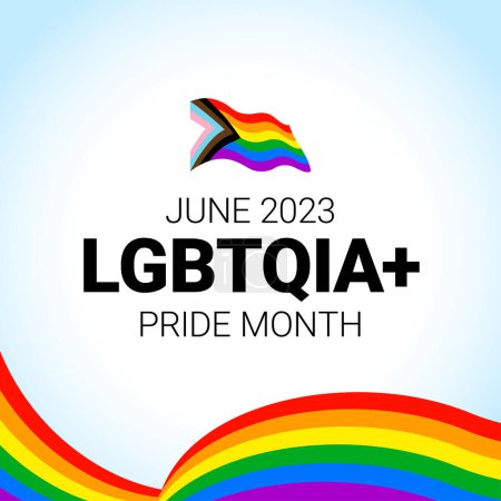 Orgullo mes 2023 concepto. Bandera de arco iris Libertad, desfile gay evento anual de verano. Plantilla de diseño para folleto, tarjeta, póster, banner, redes sociales