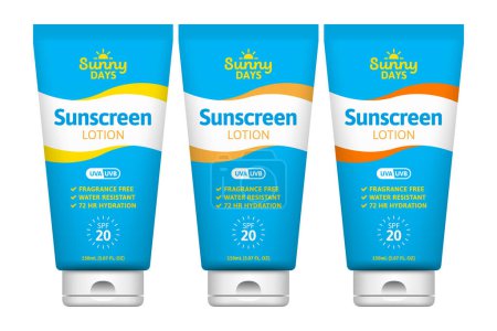 Illustration for Sunscreen lotion vector product label set - Royalty Free Image