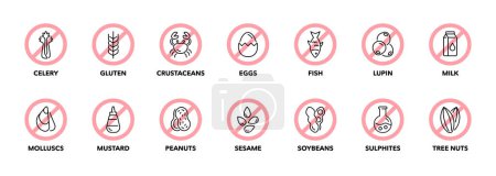 Téléchargez les illustrations : Ensemble d'icônes vectorielles allergènes alimentaires - en licence libre de droit