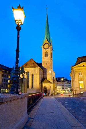 Panoramic view of old town of Zurich at night, swiss Alps, Switzerland