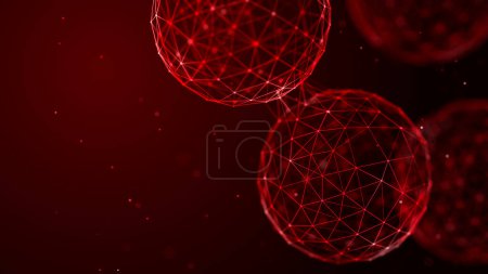 Téléchargez les photos : Sphères abstraites avec points et lignes connectés. Illustration avec des éléments de virus, bactéries sur fond sombre. Rendu 3d. - en image libre de droit