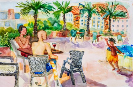 Photo for Hand-drawn watercolor illustration a married couple of men admiring their boy near the pool at a table on a summer day - Royalty Free Image