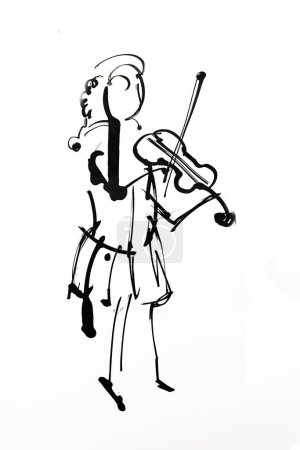 Téléchargez les photos : Petite violoniste jouant du violon. dessin à la main dessin à l'encre noire illustration - en image libre de droit