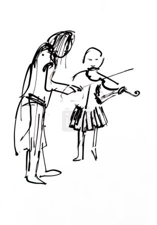 Téléchargez les photos : Fille violoniste et professeur de violon jouant du violon. illustration à l'encre noire peinte à la main - en image libre de droit