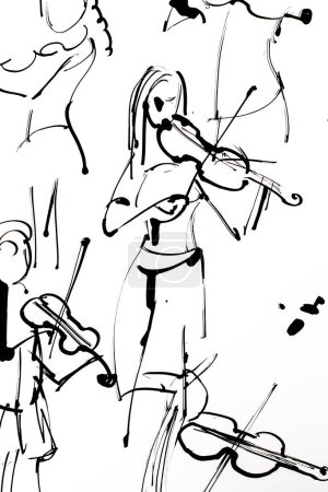 Téléchargez les photos : Croquis d'une violoniste jouant du violon. illustration à l'encre noire peinte à la main - en image libre de droit